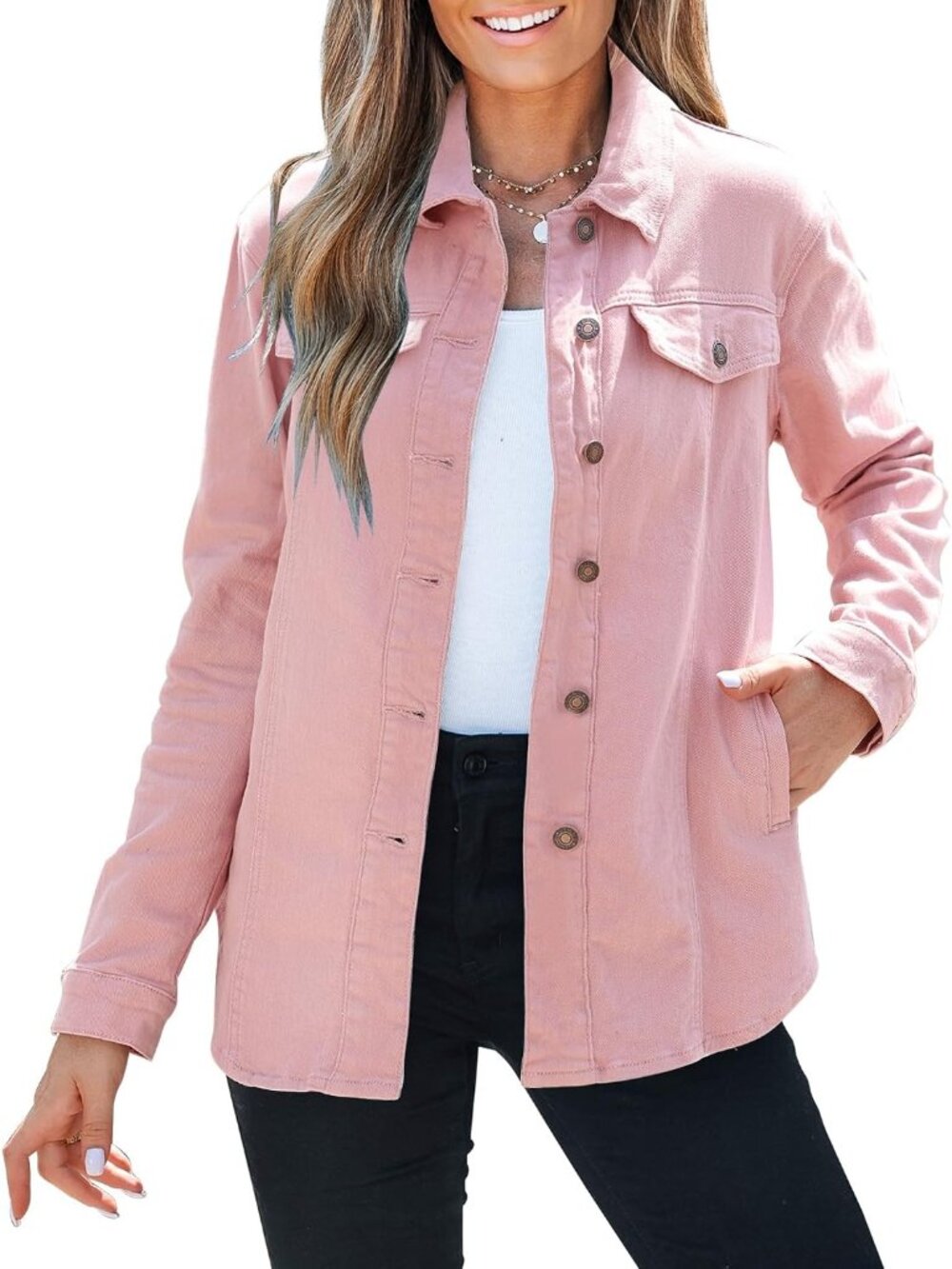 Women's Blush Pink Long Sleeve Button Up Pocket Jean Denim Shacket Jacket